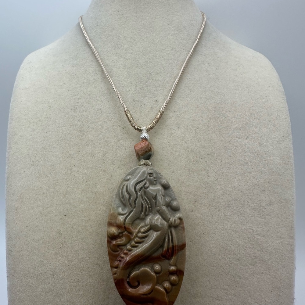 Polychrome Jasper Oval Mermaid Carving Pendant on Adjustable Rope with Silver - Picture 10 of 12